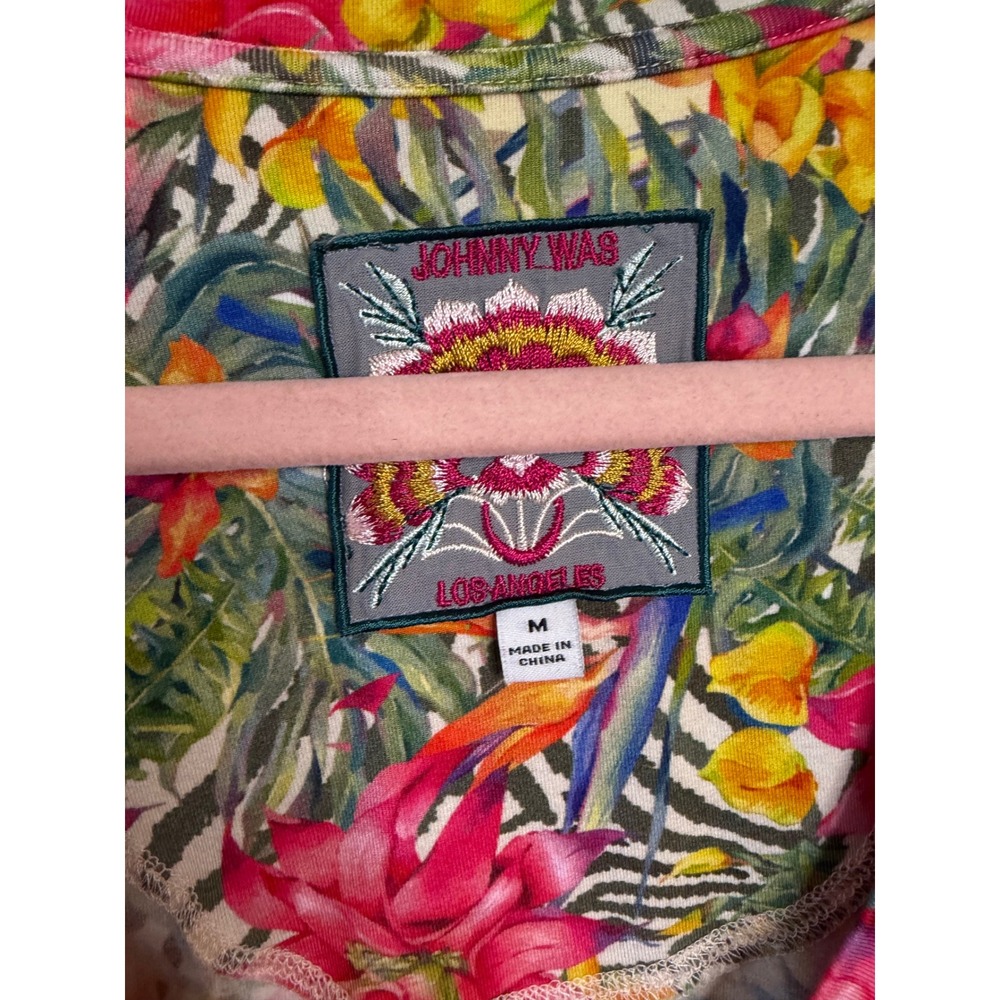 Johnny Was Floral Tropical V-Neck Tee in Pink, Yellow, Green - Picture 3 of 7